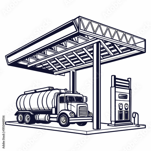 A large truck with a tanker is refueling at a gas station