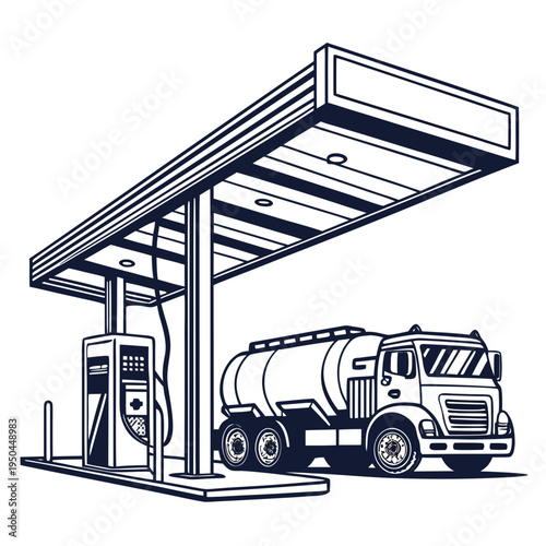 A large tanker truck refueling at a gas station pump