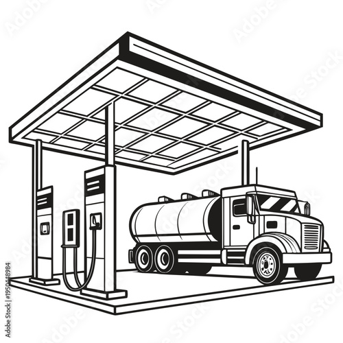A large tanker truck refueling at a gas station