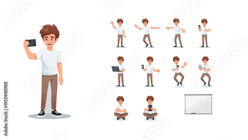 Diverse Expressions in One Frame: A collection of illustrations showcases a person, each pose revealing various expressions and interactions with different objects.