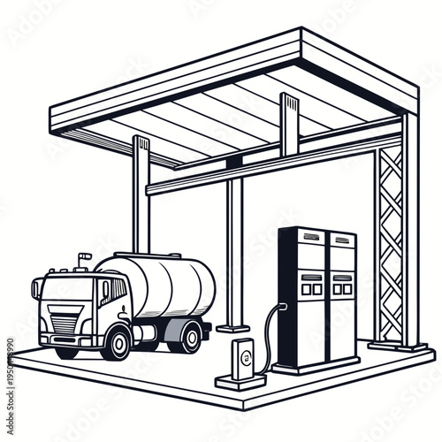 A tanker truck parked next to a gas pump