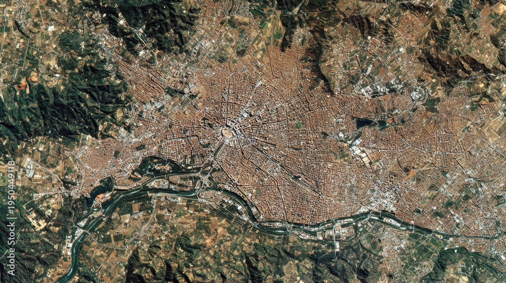 Obraz premium Aerial view of a sprawling city and surrounding agricultural landscape