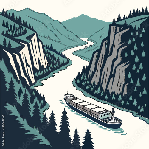 A large cargo ship sails down a river between two mountain ranges