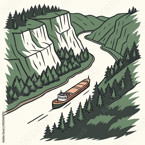 A large river boat sails down a winding river