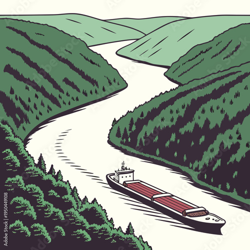 A large cargo ship sails down a winding river