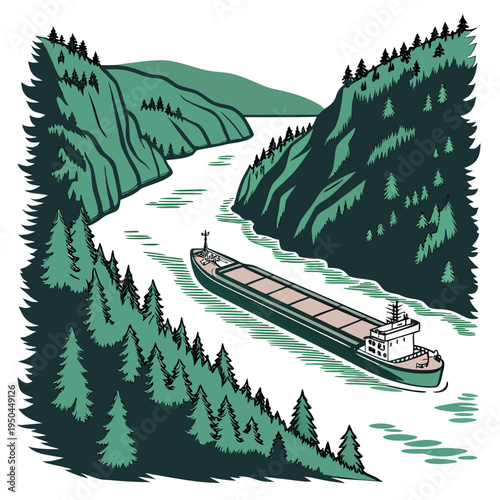 A large cargo ship sails down a river