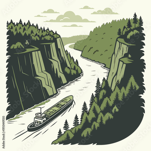 A boat sails down a river between two large cliffs