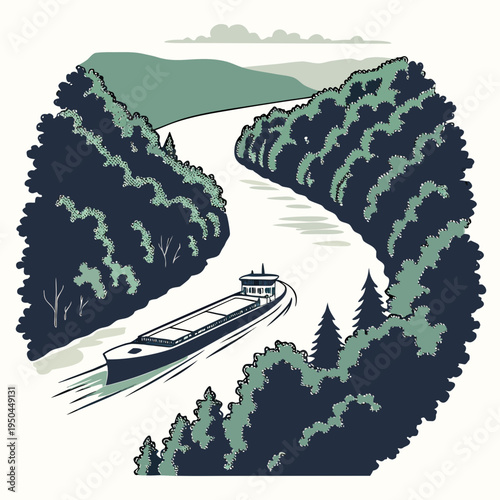 A boat sails down a winding river surrounded by trees