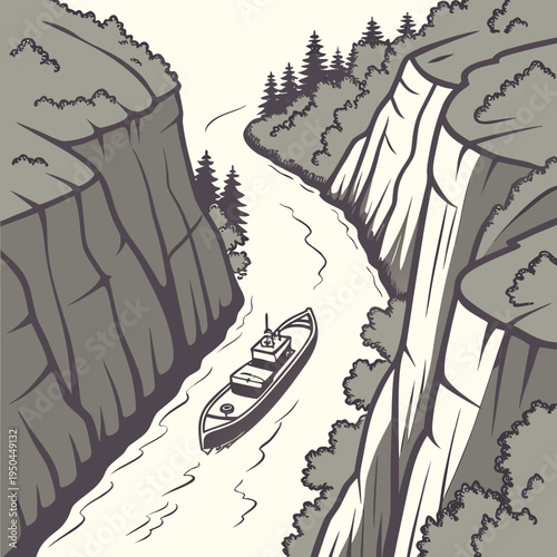 A boat floats on a river between cliffs and a large waterfall