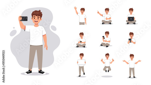 Young Man's Everyday Moments: A collection of illustrations showcasing a youthful male character in various daily activities, reflecting on lifestyle and routine, against a minimalist background.