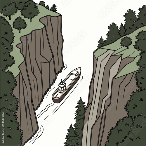 A boat sails through a narrow river canyon
