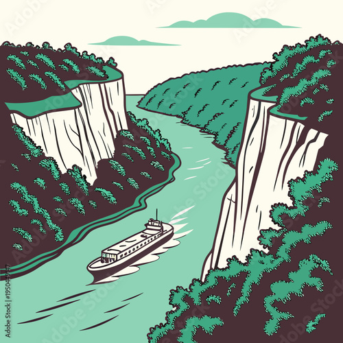 A boat sails down a river between two large cliffs