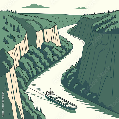 A large river with a boat sailing through a gorge