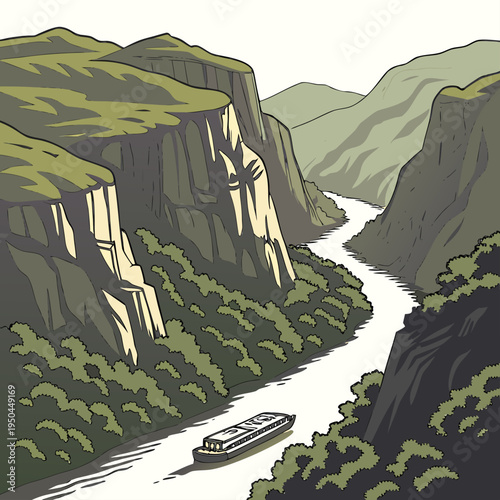 A river runs through a valley with a boat