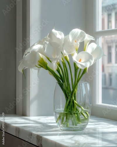 Elegant White Calla Lilies in Minimalist Glass Vase on Marble Table – Peaceful Modern Interior