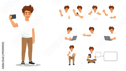 Digital Storyteller in Action: A modern, youthful individual, showcasing a range of poses alongside various digital devices, embodying communication, innovation, and contemporary lifestyle.