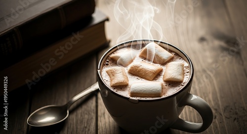 Steaming mug of rich cocoa topped with fluffy confectionery floating on rustic wooden surface beside old books