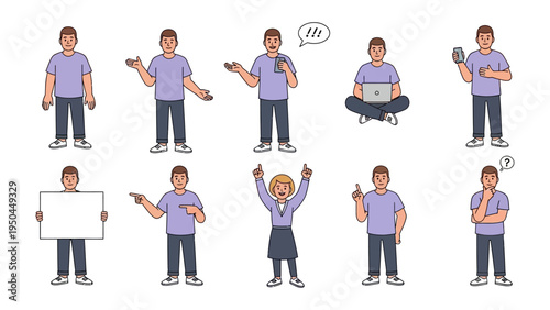 Man in Various Actions and Gestures: A comprehensive collection of illustrations showcasing a man in different poses and actions, expressing a range of emotions and engaging in various activities.