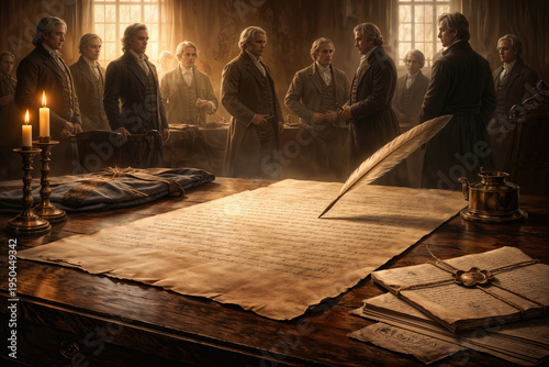 Declaration of Independence 1776 signing scene with quill on aged parchment colonial delegates powdered wigs American Revolution anniversary commemoration birth of a nation