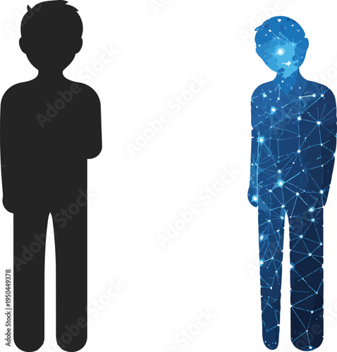 Conceptual Silhouette of a Person Standing Next to a Glowing Blue Digital Wireframe Twin Representing Cyber Identity Virtual Avatar and Data Privacy in the Metaverse