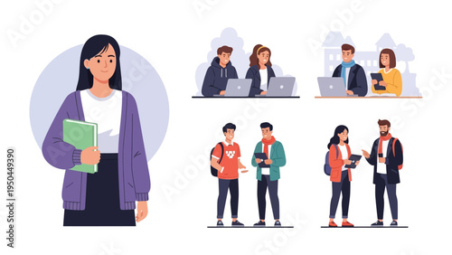 Student Life Study: A vibrant collage depicting the diverse lives of students on campus, featuring individuals and groups engaged in various activities, from focused study to social interaction.