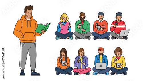 Digital Age Disconnect: An illustrated depiction showcases a stark contrast between an individual engrossed in reading a physical book and a group of people absorbed in their digital devices.