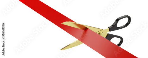 Scissors cutting red ribbon on black gold isolated on a transparent background