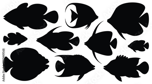 Tropical fish silhouettes collection with various marine aquarium fish vector shapes