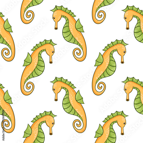 Seahorse seamless pattern in cartoon. Little sea creature shape for sea life design on a white background.