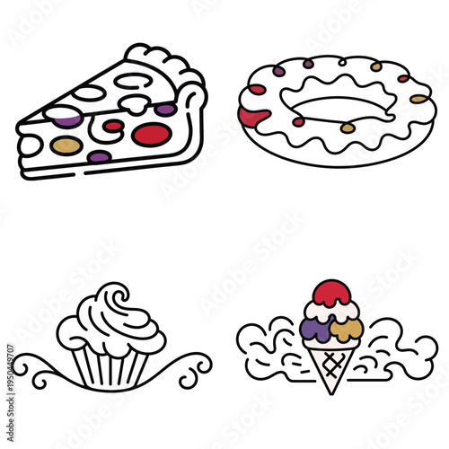 Colorful dessert icon set with cake slice, donut, cupcake and ice cream vector illustrations