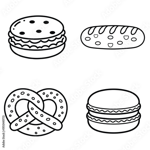Bakery snack outline icon set with burger, pastry, pretzel and sandwich vector illustrations