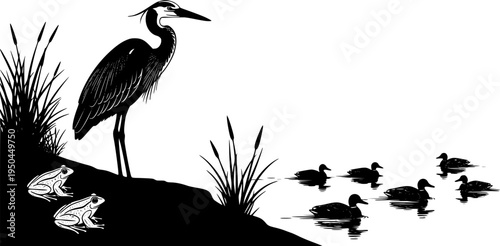 Silhouette of a heron and frogs on a bank with ducks swimming in a pond on white background