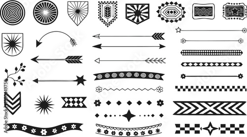 Collection of various black and white arrow and banner design elements and patterns