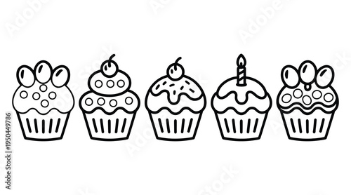 Cute cupcake outline icon set with frosting, cherry topping and birthday candle dessert design