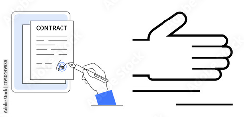 Business agreements, partnerships, legal documents, trust, collaboration, professional deals. A hand signing a contract and a drawing of a handshake. Business agreements and partnerships