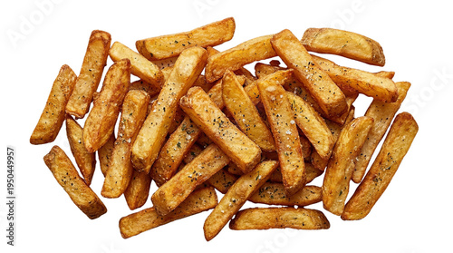 Photography Golden brown potato wedges seasoned with coarse salt and pepper, presented in a