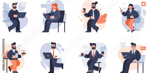 Business people engaged in various work activities, with technology