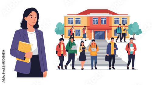 Back to Campus: A vibrant scene captures the essence of education, featuring a student with notebook in front of the college building filled with other students