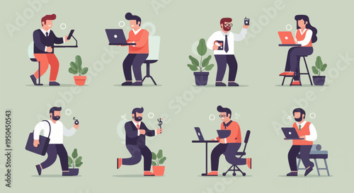 Animated people working and holding devices in a flat design