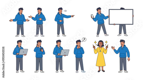 Human Expressions in Action: This illustration captures a collection of diverse figures in various poses and gestures. Expressing a wide spectrum of moods and actions, from thought to direction.