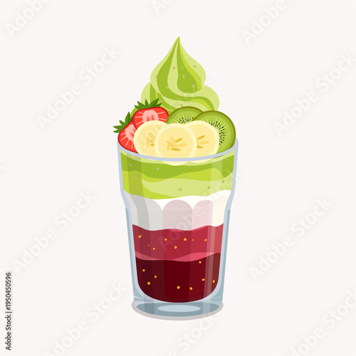 Healthy green fruit parfait with kiwi, banana, and strawberry slices in a glass.