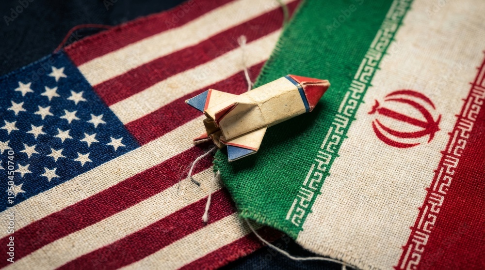Fototapeta premium USA and Iran Flags with Missile Symbolizing Geopolitical Conflict and International Relations.