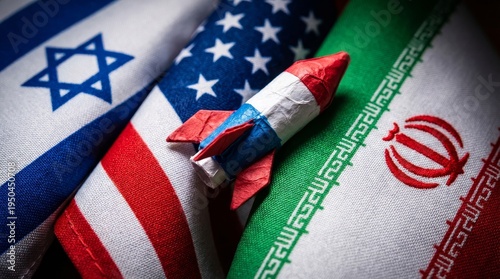 Rocket on flags of Israel USA and Iran representing geopolitical tensions.