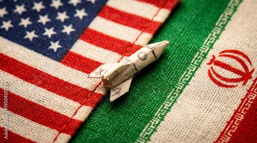 USA and Iran Flags with Missile Symbolizing Geopolitical Conflict and Nuclear Ambitions.
