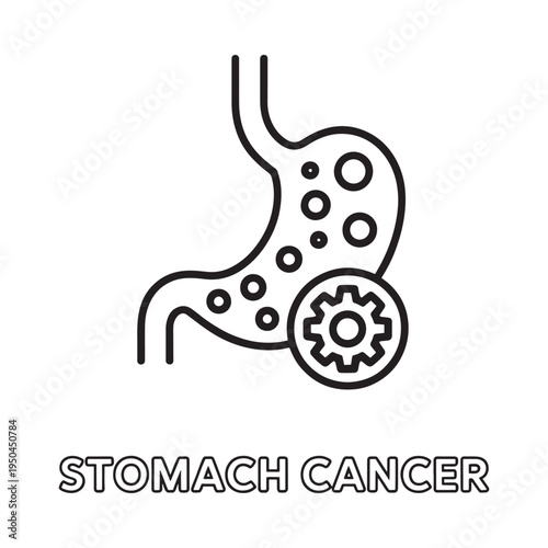 Line art illustration depicting a stomach with gears and text below