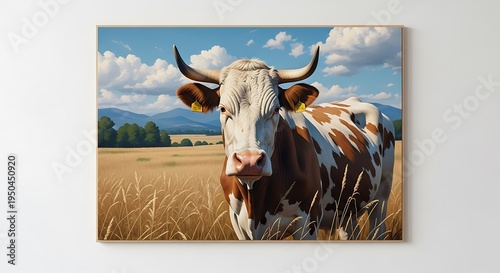 Domestic bovine with horns stands prominently in a sunlit field under a blue sky