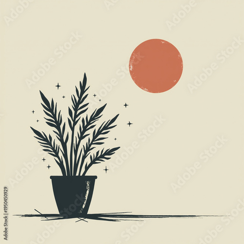 Minimalist art with black potted houseplant silhouette, mystical moon and stars on beige background, bohemian botanical wall art, zen style illustration