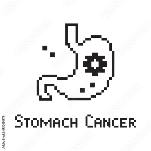 A pixelated illustration of a stomach with a warning about cancer