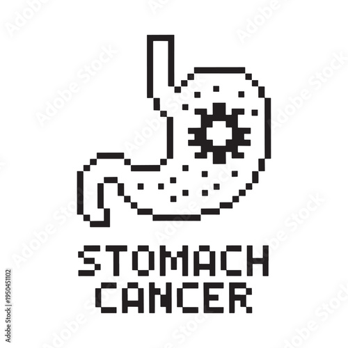Pixelated illustration of a stomach with cancer awareness ribbon inside