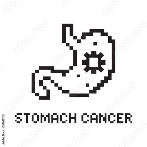 Pixelated stomach illustration with gears and text stating stomach cancer